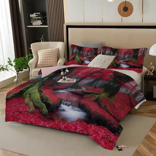 Juego de Cama Doble con Estampado de Bosque Rojo (200 x 200 cm), Funda nórdica Reversible con Estampado de Flores de pétalos y Fundas de Almohada, Fundas de Cama Transpirables para Cama Doble