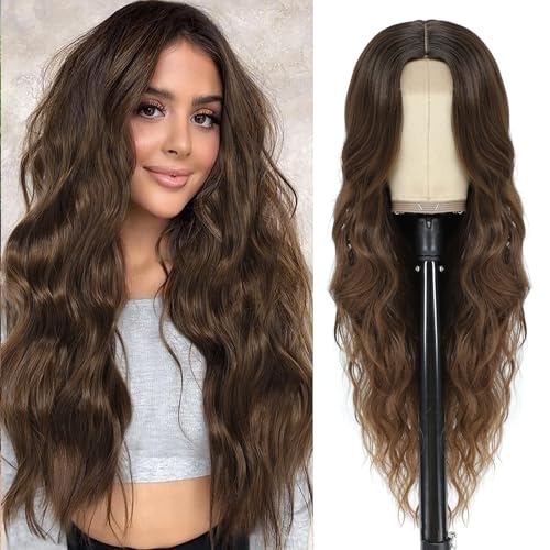 Cosplay Long Rooted Brown Wig 26 Inch Middle Part Synthetic Wigs for Women