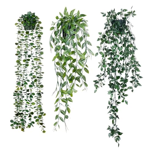 Ohulelks Plantas Colgantes Artificiales, Paquete de 3 Plantas Artificiales de Eucalipto en Maceta, Enredadera de Mandala de Eucalipto SintéTico