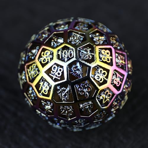 WizardsArcanum Enchanted Hollow Metal D100 Dice - 50mm DND Dice for d&d RPG & Tabletop Games for Gamers Dm with a Leather Bag (Colorful)