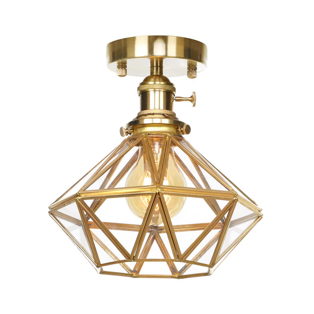 Lampa sufitowa, szklana lampa półmontażowa, 7,8 cala (19,8 cm) wysoka mosiężna lampa sufitowa w stylu Mid-Century, lampa do przedpokoju z 8-ramiennym kloszem diamentowym w kształcie gwiazd
