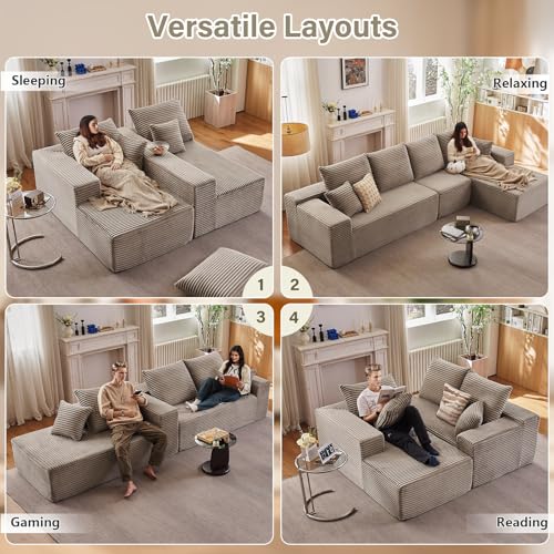 Image of 135 inch Cloud Sectional Couch with L-Shape Chaise, Modern Modular Comfy Sofa Chaise Longue, Upholstered Corduroy Couches Sleeper with Deep Seat for Living Room Bedroom, No Assembly Required, Camel
