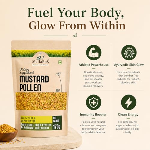 Image of Organic Bee Pollen Granules 170g (with Spoon) | Protein Rich Superfood for Energy & Immunity Support | Pure Bee Pollen - Mustard Blossoms
