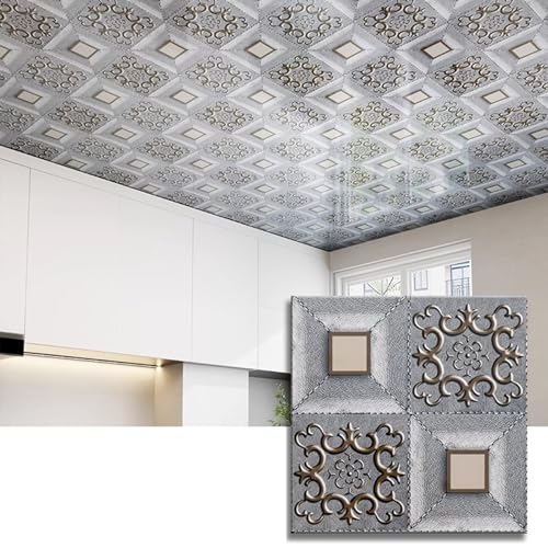 Kunovo 3D Relief Styrofoam Suspended Ceiling Tiles, Self Adhesive Retro Ceiling Sticker Gray, Soundproof Wainscoting for Ceiling Renovation(60pcs)