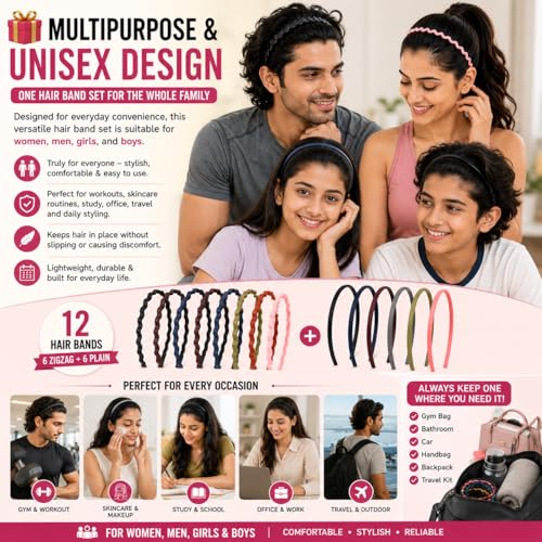 Image of 12 Pcs Hair Band Combo for Men & Women - 6 Zigzag Shark Tooth + 6 Plain Skinny Headbands | Non-Slip Sports Hair Bands for Gym, Running, Face Wash & Daily Use | Hair Hoops for Girls & Boys