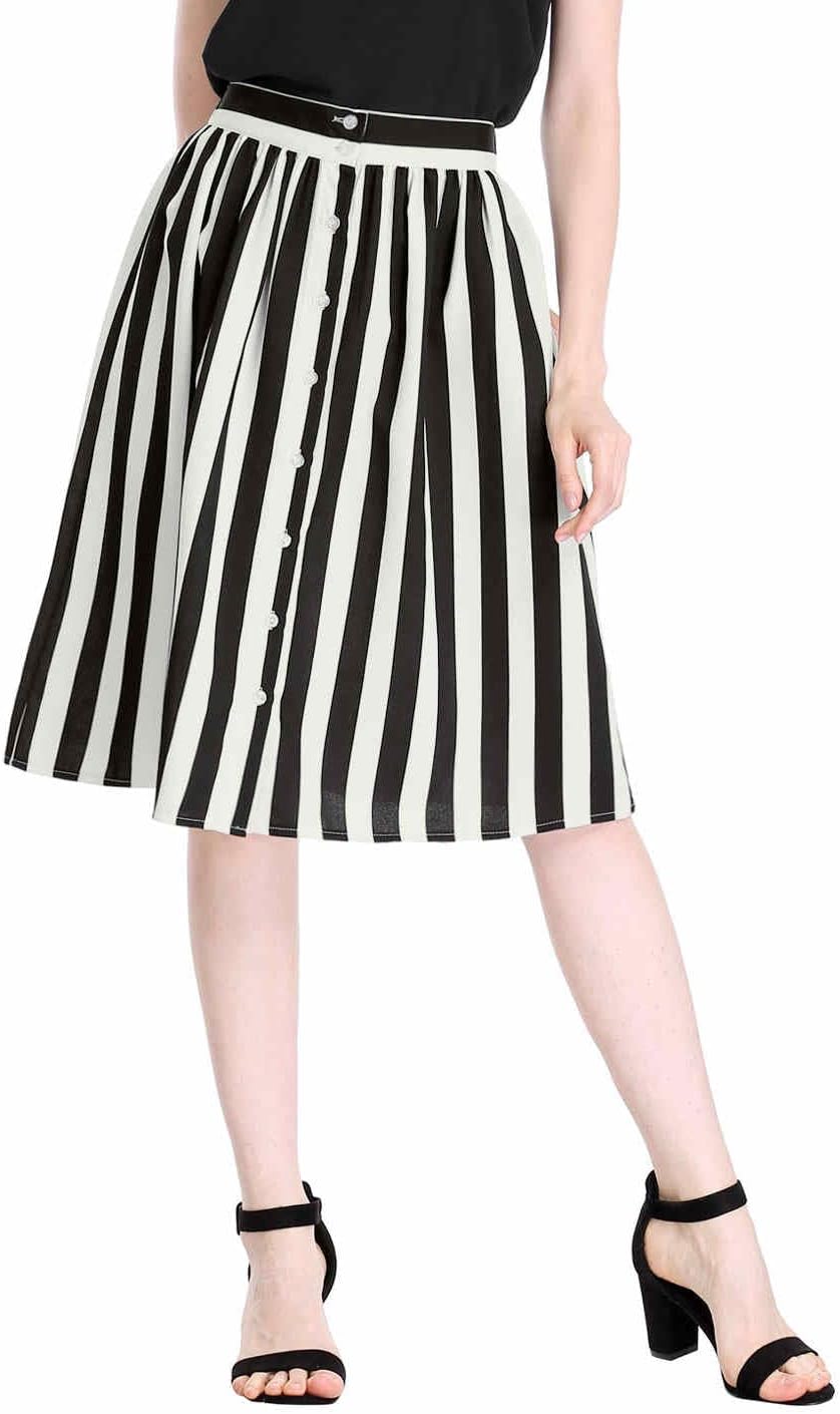 Allegra K Women's Striped Button Front Elastic Back Waist A-Line Midi Skirt - Image 2