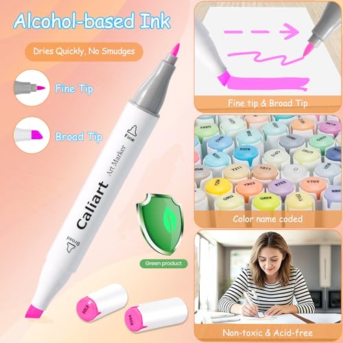 Image of Caliart Pastel Alcohol Markers, 61 Colors Fine & Broad Chisel Dual Tip Permanent Art Markers with Carrying Case, Alcohol Based Sketch Pens for Adults Artists Coloring Painting Drawing Illustration