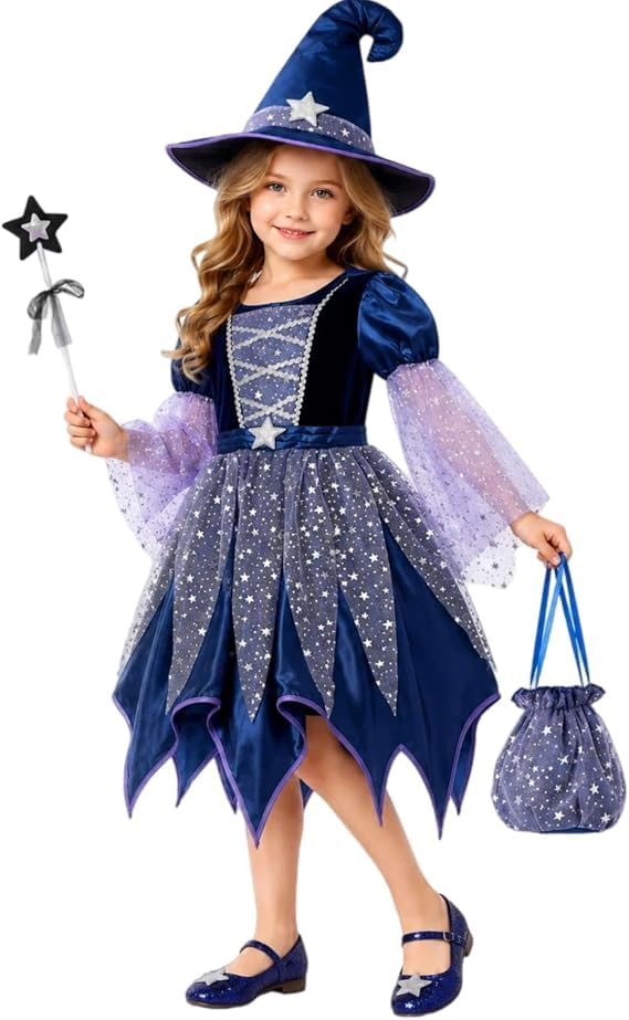 4 Piece Girls Witch Costume Halloween Set Sequin Tulle with Hat Candy Bag