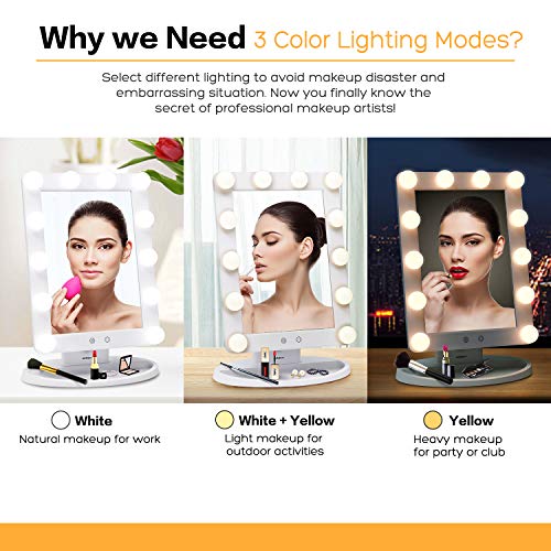 AirExpect Makeup Vanity Mirror with Light Bulbs - 3 Color Lighting Modes Hollywood Style Tabletops Lighted Cosmetic Mirror with 12 Dimmable LED Bulbs and Touch Control Design