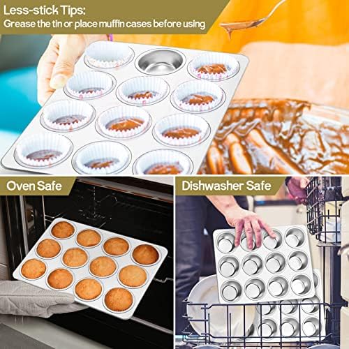 TeamFar 12-Cup Muffin Pan, Stainless Steel Muffin Tin Metal Cupcake Baking Pan for Oven, Regular Size & Non Toxic, Easy Clean & Dishwasher Safe - Thumbnail 3
