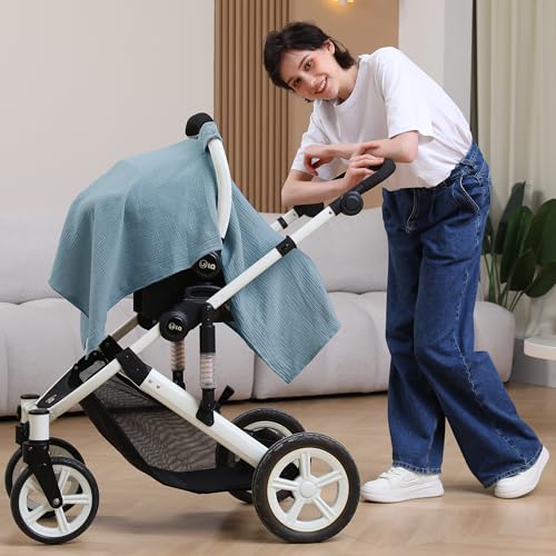 Image of 100% Muslin Cotton Car Seat Cover Baby, Carseat Canopy Cover, Universal Fit Stroller Covers for Boys and Girls (Blue)