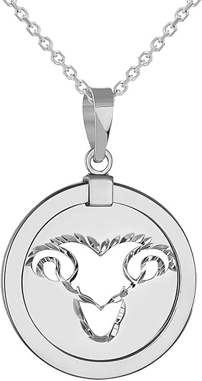14k White Gold Round Aries Ram Zodiac Sign Animal Medallion Pendant Necklace (Reversible)