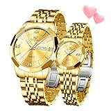 OLEVS Watches for Couple Luxury Fashion His and Hers Stainless Steel Calendar Date 3ATM Waterproof Luminous Wrist Watch for Men Women Lovers Wedding Dating Romantic Gift Set of 2, CP9989：Gold