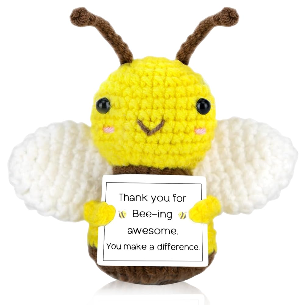 LKNBIF Mini Funny Positive Bee with Positive Card, Cute Handmade Crochet Good Luck Presents, Emotional Support Gift Desktop Decoration, Cute Bee Gifts for Women Teachers Family Friends