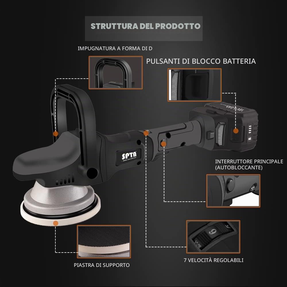 SPTA Lucidatrice per batteria per auto, Lucidatrice a rotazione forzata Cordless Kit di lucidatura per lucidatura elettrica Set di tamponi per lucidatura automatica per lucidatura