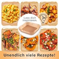 GOURMETmaxx Backpapier für Heißluftfritteuse 5 bis 8 Liter | Backpapierschale antihaftbeschichtet & ölbeständig | Airfryer Backpapier – flexible Form | 50 Stück – 23 x 23 x 4,5 cm – Ansicht 8