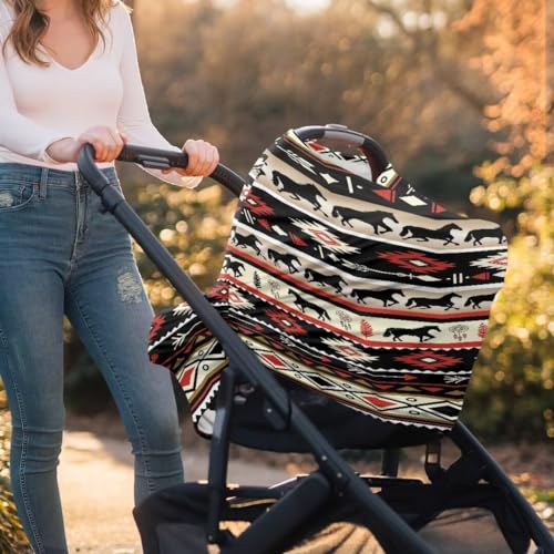 Image of Coldinair Tribal Horse Aztec Baby Car Seat Cover,Soft Breathable Nursing Cover,Multi-use Baby Stroller and Carseat Cover,Breastfeeding Covers
