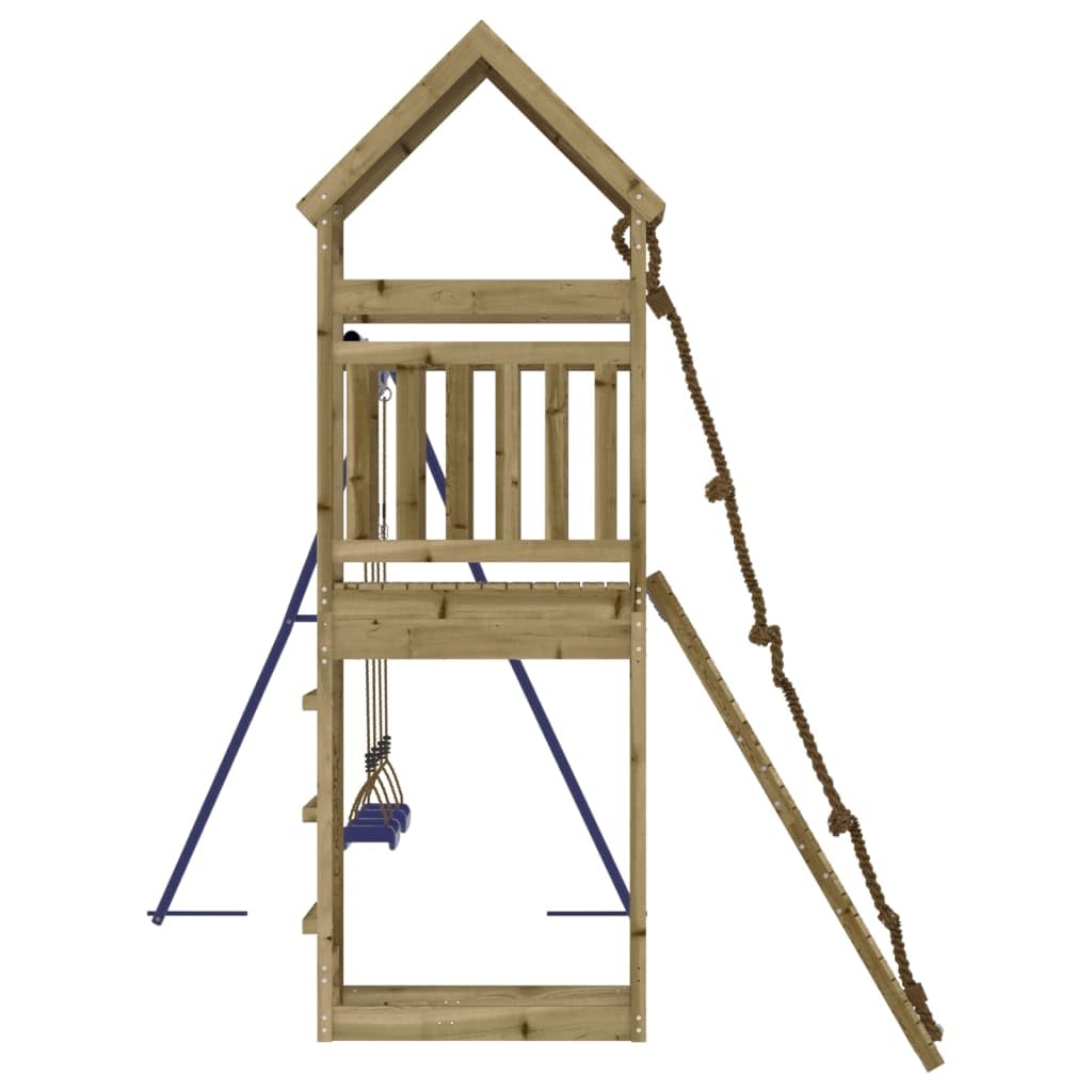 Wieża do zabawy dla dzieci z impregnowanego ciśnieniowo drewna sosnowego z podestem 90 cm, ścianką wspinaczkową, podwójną huśtawką, drabinką, piaskownicą, ogrodem, placem zabaw dla dzieci w