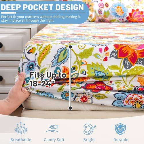 Bedlifes King Size Extra Deep Pocket Sheet Sets - Fits Mattresses Up to 18-24" Thick, 4-Piece Microfiber Set with 1800 Thread Count, Soft, Smooth, Breathable, Featuring Floral Spring Design