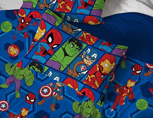 Image of Marvel Avengers Full Size Comforter Set 5 Piece Kids Bedding for Boys, Blue | Spiderman Superhero, Comforter Sheets Pillowcases, Official Product, Soft Microfiber, Machine Washable, Easy Care, Boys Gift
