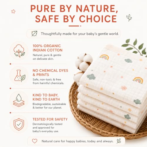 Image of HABER Organic Cotton Muslin Baby Wipes & Bibs Cloth 30x30 Pack of 5, Highly Absorbent Quick Dry Newborn for Sensitive Skin, 4 Layer Ultra Soft Skin Safe Muslin, Gentle for Infants & Toddlers