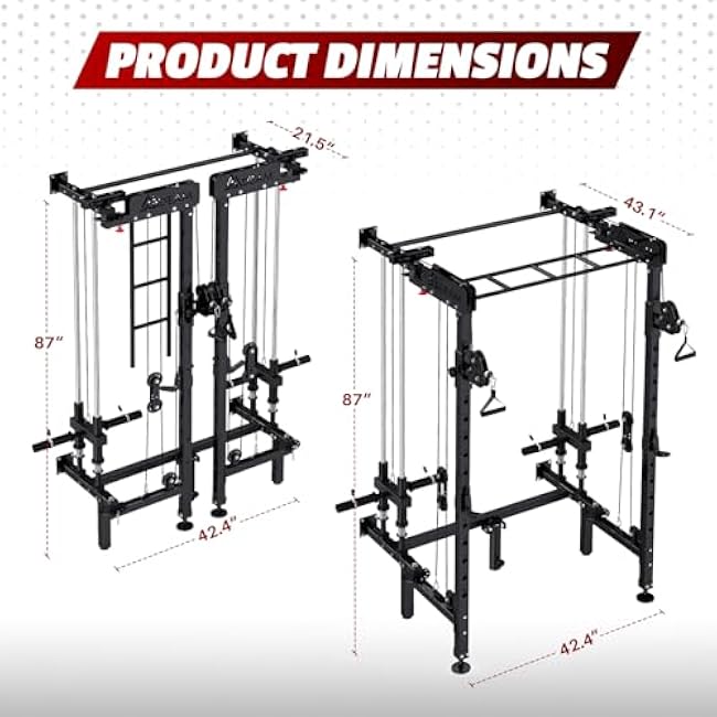 Folding Squat Rack, Wall Mounted Power Rack with Cable Crossover Machine & LAT Pull Down Multi-Function Space-Saving Power Cage with 7 Adjustable Modes/Dual Pulley System/Pull-up Bar/360¡ãLandmine