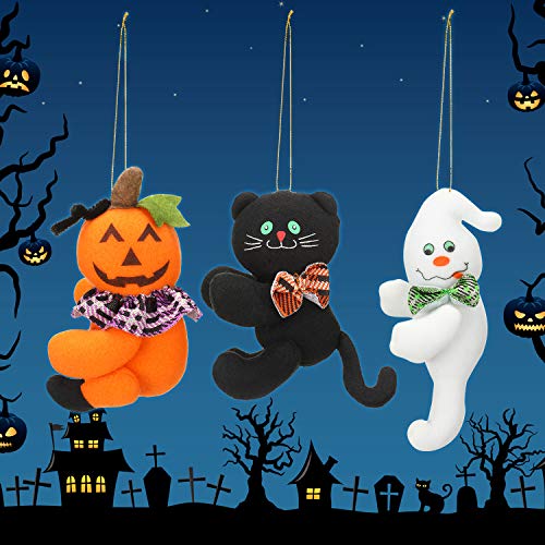 3 Pieces Halloween Hanging Decoration Halloween Spooky Plush Dolls Pumpkin Black Cat Ghost Doll Ornament for Halloween Home Party Decoration