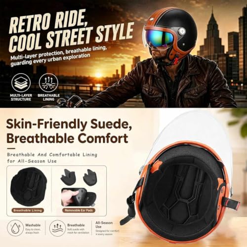 Casco moto de piel PU con orejeras desmontables para invierno y verano 6