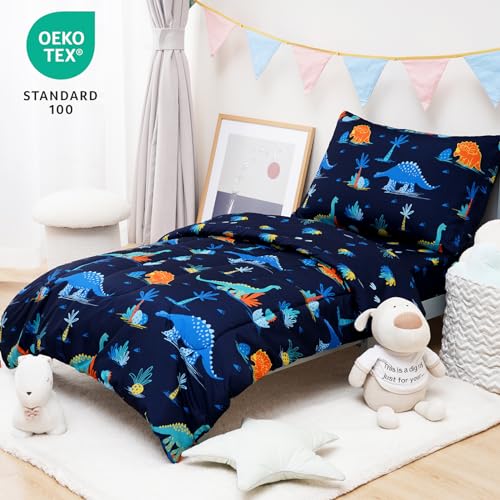 Image of david's kids 4 Piece Toddler Bedding Set - Soft Breathable Toddler Bedding Set for Boys Girls, Includes Quilted Comforter, Flat Sheet, Fitted Sheet and Pillowcase, Dinosaur Navy