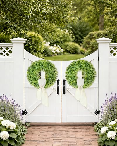 Image of DDHS 23 inch Boxwood Wreaths Front Door, Artificial Spring Summer Wreath with Sash and Foldable, Green Year Round Indoor Outdoor for Farmhouse Fireplaces and Porches DIY St Patricks Day Decorations