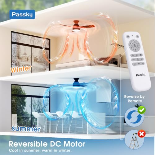 Image of Passky 42 Inch Black Low Profile Ceiling Fan with Light, Pull Chain&Remote | Flush mount, pull chain, remote, 3-color dimmable light, quiet reversible DC motor, easy install, memory, timer, bedrooms