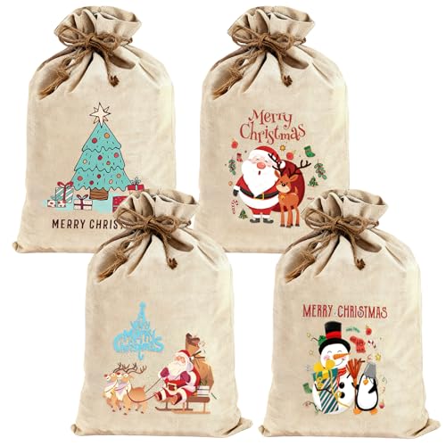 4 Stück Weihnachtssäckchen: 40 x 50 cm Weihnachtssäcke, Großer Jutesack Weihnachtsgeschenkbeutel mit Kordelzug, Weihnachtsmotiv Geschenksäckchen, für Party und Geschenkverpackung