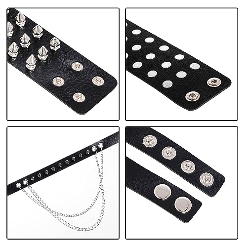 hoyuwak 3Pcs Leather Spike Choker Studded Bracelet Cuffs Set Gothic Rivet Collar Wristbands Puck Accessories for Men Women Rock3