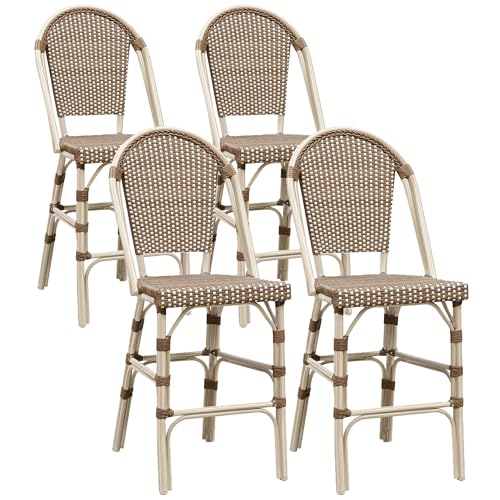 Image of PURPLE LEAF French Counter Height Bar Stool Set of 4 White Print Finish Patio Bar Stools with Back Rattan Bar Chairs Wicker Bar Height Stool 25 inch with Footrest Outdoor Barstool Brown