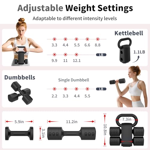 Image of Hezeyferg 2-in-1 Adjustable Dumbbells Set, 4 Levels Weight Dumbbells Set for Women Men, Each 2.2 /3.3 /4.4 /5.5lb Hand Weights with Kettlebell Form for Home Gym Exercise Training
