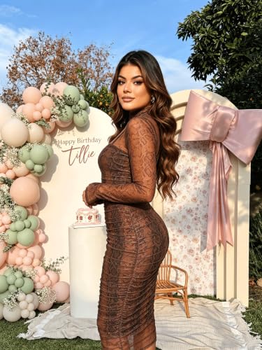 Image of MOEENCN Women's Sexy Long Sleeve Sheer Mesh Midi Bodycon Dress 2 Piece Set