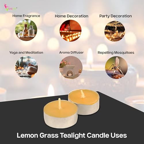 Image of Kriti Life Lemon Grass Scented Tealight Candles - 100% Paraffin Wax, Smokeless, Long Burn Time (4.5 Hours), Dripless Yellow Candles for Home Decor, Diwali, Weddings & Meditation - Set of 50