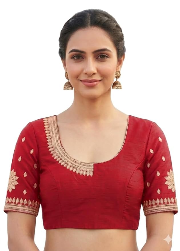 Women's Royal Emerald with Embroidered Half Sleeve Blouse Piece Work Readymade Blouse for Women | Any Occasion || Saree Blouse-picture-26