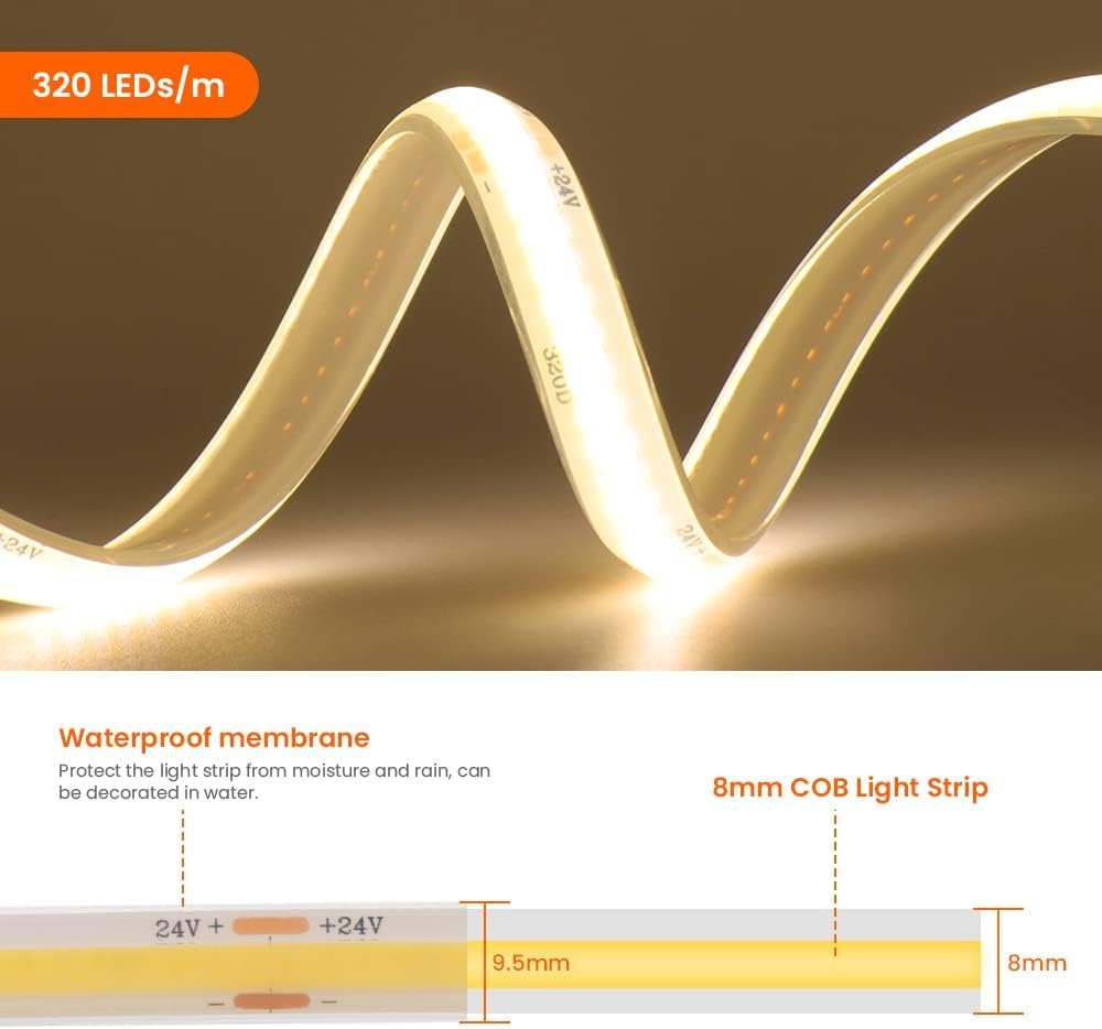 COB LED Streifen 20m, 24V Wasserdichte IP68 Lichtband, 320LEDs/m Superhell Flexibler Warmweiß Band, Rot/Weiß 2-adrig Lichterketten für Aquarium, Schwimmbad