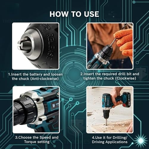Image of THOR 21V Cordless Drill Driver Set with 2 Lithium-Ion Batteries, 10mm Keyless Chuck, V Torque Settings, Flexible Shaft Extension, Accessory Kit & Carrying Case