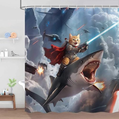 Image of Funny Shower Curtain, Hilarious Cool Cat Riding Shark Ocean Wave Shower Curtains for Bathroom, Funny Kids Boy Fabric Bathroom Accessories Decor Curtain, with Hooks 72x84 Inch