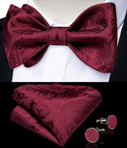 Image of DiBanGu Men Bow Tie Paisley Striped Self-Bow Tie for Men and Silk Woven Bowtie Pocket Square Cufflinks Wedding Party