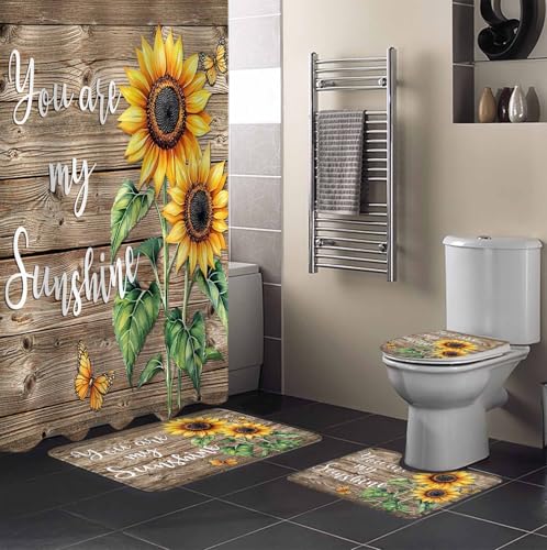 Yellow Sunflower Bathroom Set with Shower Curtain and Rug Accessories - 36x72 Inches Long Butterfly Sunshine Brown Farmhouse Wood Stall Curtain Waterproof with Large Bath Mat,Washable Runner Rug Set