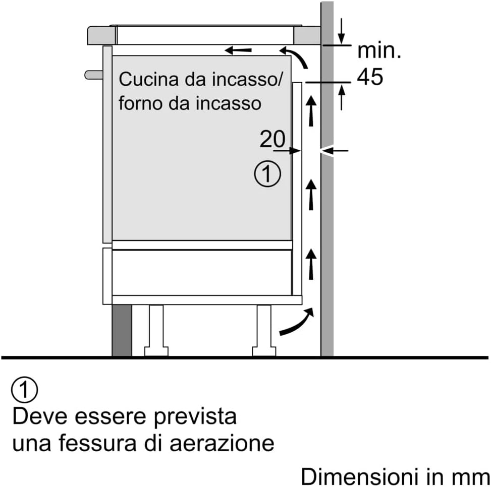 lateral view installation diagram showing built-in oven clearance for Bosch PUG611AA5E induction hob