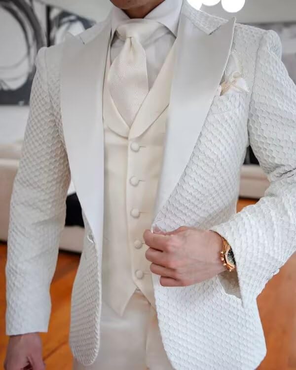HUUTOE Mens Double Breasted Suit White Honeycomb Suit Wedding 3 Piece Slim Fit-White Blazer Vest Dress Pants Set for Men2