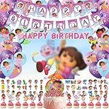 107Pcs Adventurer Theme Birthday Party Decoration,Pink Cartoon Party Pack Include Banner,Balloons,Cupcake Toppers,Hanging Swirls,Backdrop,Stickers