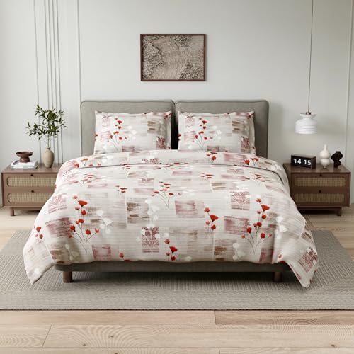 Image of Haus & kinder Double Bedsheet for Queen Size Bed | 90 x 100 Inches 144 TC Cotton Bedsheet for Double Bed with 2 Pillow Covers - Pink Flower Sketch