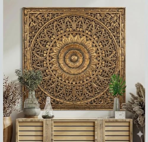 Image of ROYAL TRADERS Hand Carved Wooden Mandala Wall Panel | Vintage Floral Wall Art | Decorative Wooden Wall Hanging | Boho Home Decor Panel Large Wall Decor Panel, Wooden Carving Wall Hanging (BROWN)