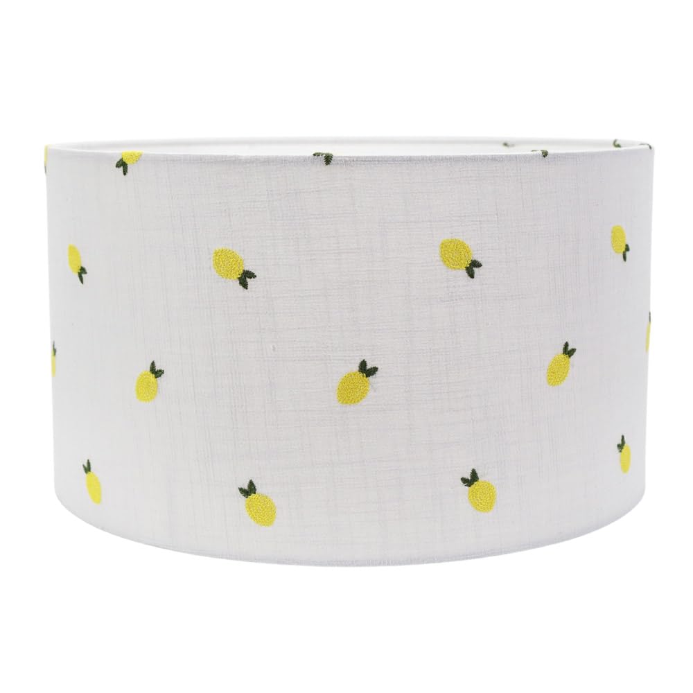 ValueLights | Easy Fit Medium Lemon Embroidered Fabric Drum Light Shade Bedroom Hallway Lampshade | Shades, Home Décor & Improvement Essential | 350mm Shade Width