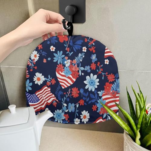 Image of Eucalyptus Flower USA Flag Teapot Cozy Tea Cozies Insulated Keep Tea Warm Teapot Dust-Proof Cover for Patriotic July 4th Independence Day Decor